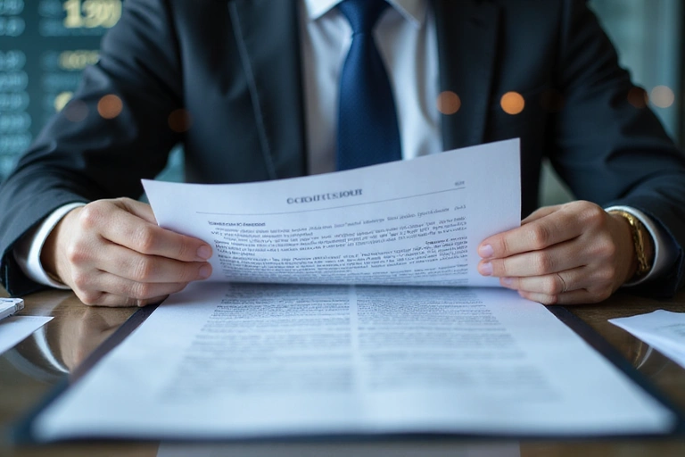 Persona leyendo un documento legal con un fondo de gráficos digitales