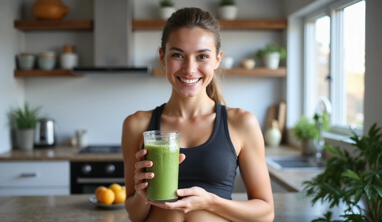 Mujer joven sonriendo mientras bebe un batido verde después de hacer ejercicio
