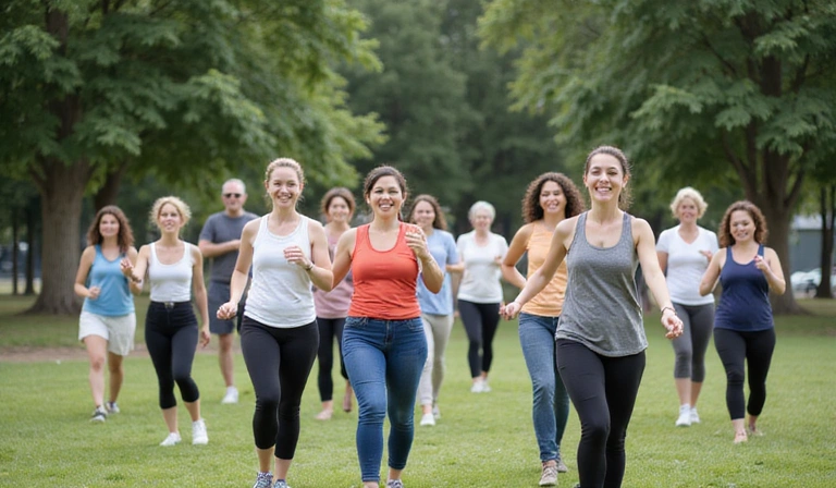 Un grupo de personas haciendo ejercicio al aire libre, riendo y disfrutando