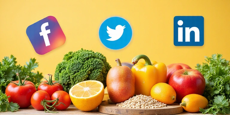 Iconos de redes sociales flotando sobre un fondo nutritivo