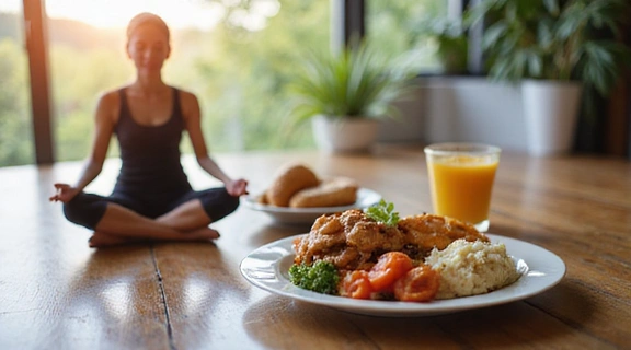 Imagen de una persona meditando junto a alimentos saludables