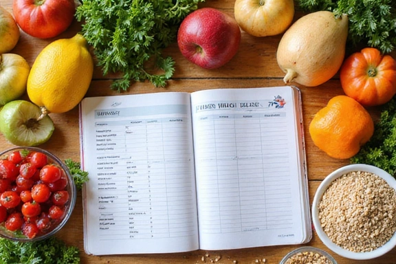 Mesa con alimentos saludables y un cuaderno con un plan de comidas