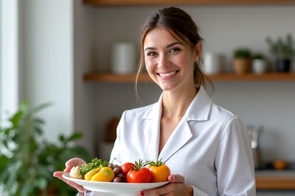 Nutricionista sonriendo y enseñando sobre alimentación saludable