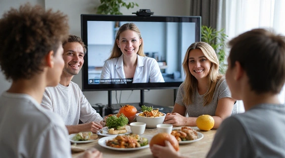 Personas diversas recibiendo consejos nutricionales online en una videollamada