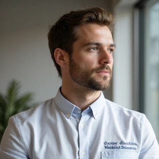 Retrato profesional de un nutricionista masculino, con expresión atenta y seria