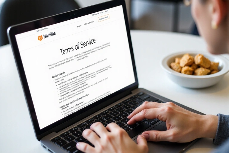 Person using a laptop to access NutriVida Online website, showing terms of service on screen.